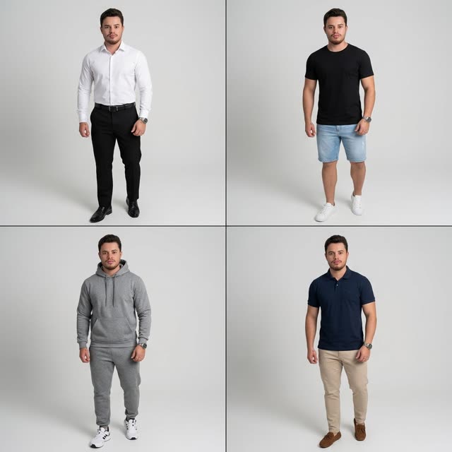 Grade de looks gerada pelo Vest Ai, mesmo modelo em quatro looks